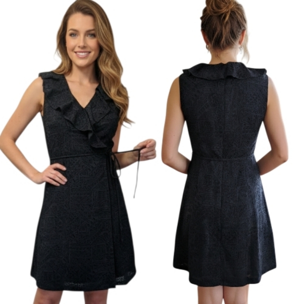 ECOLE DE PARIS Velvet Flocked Ruffle Wrap Dress - Size S